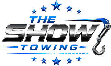 The Show Towing logo — chrome lettering with a blue tow hook